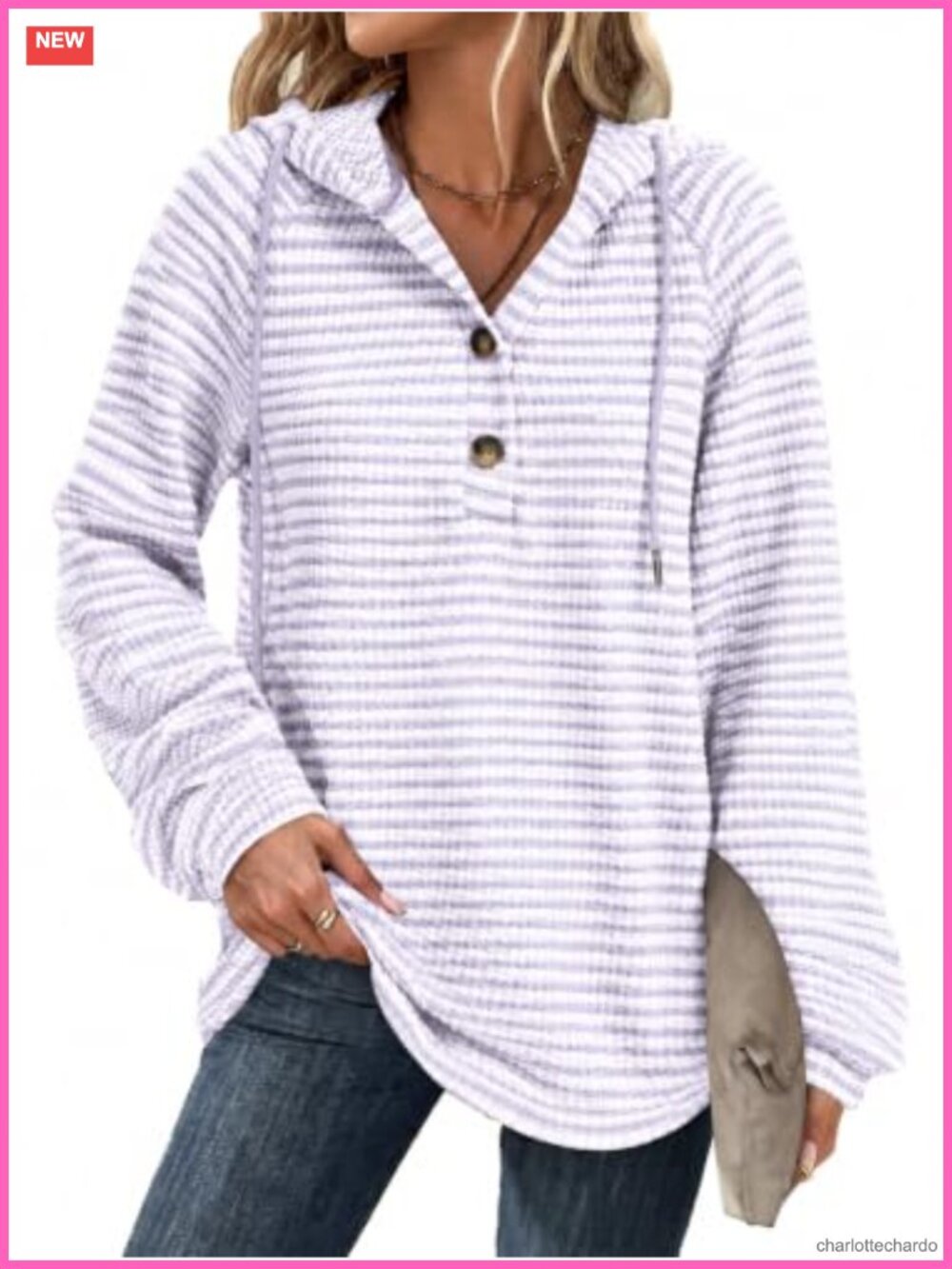Womens Oversized Waffle Knit Hoodie Sweatshirt V-Neck Button